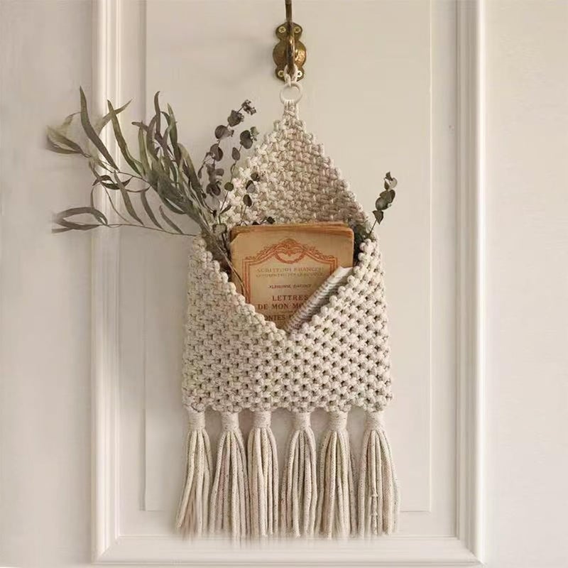 D-werack Macrame Mail Organizer Wall Mounted, Handmade Hanging Woven Basket for Boho Home Office Decor, Over the Door Key Letter Envelope File Holder for Entryway Hallway, White - Image 4